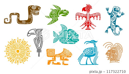 Mayan aztec totems set, tribal symbols of animals such as a snake, bird, turtle, fish, squirrel, lizard, head and sun. Vector stylized mexican emblems with vivid, colors, cultural and historical art Mayan aztec totems set, tribal symbols of animals such as a snake, bird, turtle, fish, squirrel, lizard, head and sun. Vector stylized mexican emblems with vivid, colors, cultural and historical art 117322710
