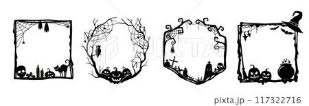 Halloween grunge black frames of holiday horror night with pumpkins cemetery, vector silhouettes. Halloween trick or treat border frames with witch hat, potion cauldron, tombstone skull and bats Halloween grunge black frames of holiday horror night with pumpkins cemetery, vector silhouettes. Halloween trick or treat border frames with witch hat, potion cauldron, tombstone skull and bats 117322716