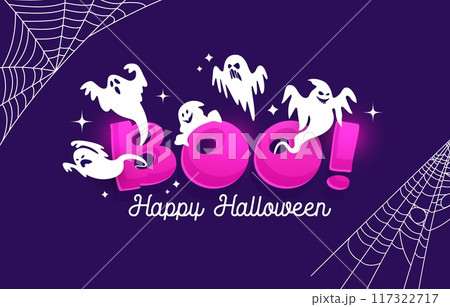 Halloween boo banner with cute kawaii ghost characters, vector horror holiday. Flying white phantom monster personages with scary faces, cobweb and stars. Halloween trick or treat night party card Halloween boo banner with cute kawaii ghost characters, vector horror holiday. Flying white phantom monster personages with scary faces, cobweb and stars. Halloween trick or treat night party card 117322717