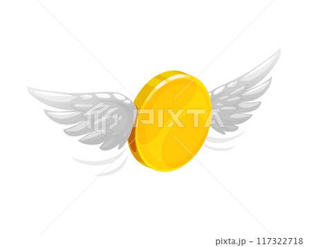 3d golden money coin with wings. Isolated vector gold flying currency with shiny, glossy surface, signify financial growth, success, cash and finance freedom. Yellow winged golden coin soar in the air 117322718