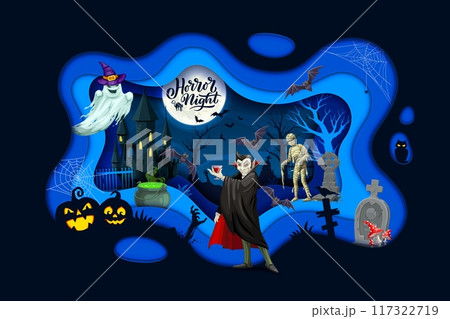 Halloween paper cut banner with dracula vampire character, scary pumpkin and ghost on cemetery landscape. October party, fall season holiday papercut vector background, banner with Halloween monsters 117322719