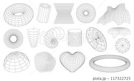 3d wireframe shapes, brutal perspective grid, retro tech mesh abstract geometric figures. Vector wireframe sphere, globe, torus and heart, wave and spiral grid, cylinder, tunnel and polygon shape mesh 117322725