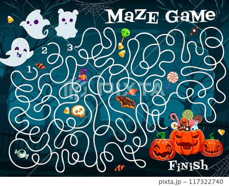 Halloween labyrinth maze quiz game, help to cute kawaii ghost characters find exit. Vector worksheet of Halloween holiday cemetery labyrinth puzzle map with ghosts, trick or treat pumpkins and candies 117322740