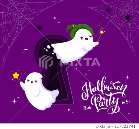 Kawaii ghost flying from keyhole, Halloween paper cut banner. Vector 3d greeting card with cute whimsical spooks emerges playfully from a keyway, casting a charming spell with its adorable presence Kawaii ghost flying from keyhole, Halloween paper cut banner. Vector 3d greeting card with cute whimsical spooks emerges playfully from a keyway, casting a charming spell with its adorable presence 117322741