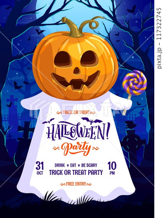 Halloween party flyer with cartoon pumpkin ghost holding lollipop at midnight cemetery landscape with moon, trees, tombs and bat silhouettes. Vector invitation poster for trick or treat horror night Halloween party flyer with cartoon pumpkin ghost holding lollipop at midnight cemetery landscape with moon, trees, tombs and bat silhouettes. Vector invitation poster for trick or treat horror night 117322745