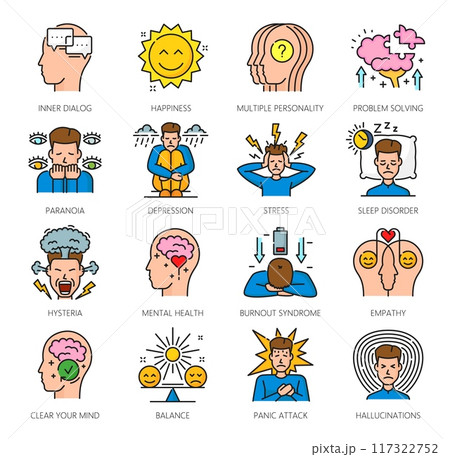 Mental health color icons, psychological disorder problems. Cognitive disorder or mental health, human psychology hysteria, stress and empathy, hallucinations, depression problems outline vector icons Mental health color icons, psychological disorder problems. Cognitive disorder or mental health, human psychology hysteria, stress and empathy, hallucinations, depression problems outline vector icons 117322752