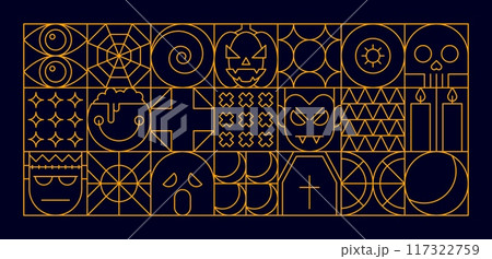 Halloween modern geometric pattern background for holiday horror night, abstract vector. Halloween pattern in geometric line of boo ghost with pumpkin monster, skull and spiderweb with dead coffin Halloween modern geometric pattern background for holiday horror night, abstract vector. Halloween pattern in geometric line of boo ghost with pumpkin monster, skull and spiderweb with dead coffin 117322759