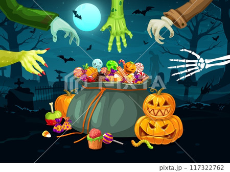 Halloween monster character hands and sweets bucket. Vector menacing scene with clawed arms, eagerly reaches towards a bag with desserts, ready to snatch treats with an air of mischievous delight 117322762