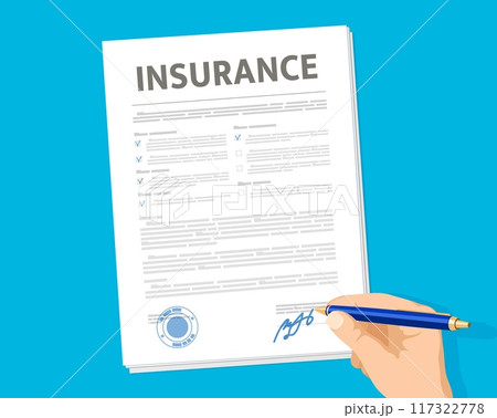 Insurance document, vector hand signing paper form with pen. Legal contract or agreement of health, car, life, accident, travel or home insurance policy with checklist, seal and signature Insurance document, vector hand signing paper form with pen. Legal contract or agreement of health, car, life, accident, travel or home insurance policy with checklist, seal and signature 117322778