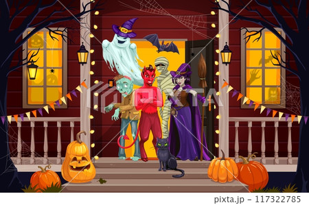 Halloween scary characters on the door porch. Halloween house entrance doorway, witchcraft holiday cottage decorated porch vector wallpaper with devil, zombie, witch and ghost, mummy scary characters 117322785