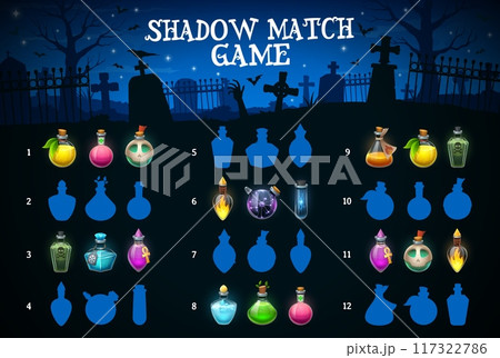 Halloween kids game to find correct shadow of potion bottles, vector puzzle worksheet. Cartoon game to find and match same silhouettes of witch poison or magic spell elixir in bottles on cemetery Halloween kids game to find correct shadow of potion bottles, vector puzzle worksheet. Cartoon game to find and match same silhouettes of witch poison or magic spell elixir in bottles on cemetery 117322786