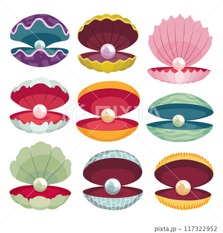 Pearls in seashell. Open seashell scallop and pearl shell icon set in various form and colors. Beautiful pearl in clam shell in cartoon flat style. Vector illustration isolated on white background Pearls in seashell. Open seashell scallop and pearl shell icon set in various form and colors. Beautiful pearl in clam shell in cartoon flat style. Vector illustration isolated on white background 117322952