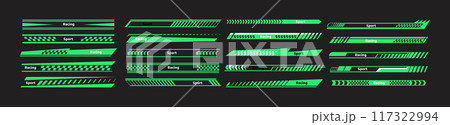 Car race stripes set. Automobile identity. Vehicle marking elements for transport modifying. Speed lines, racing tuning strips or car stickers. Vector illustration isolated on black background 117322994