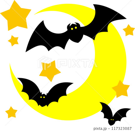 ハロウィンの飛ぶコウモリと月と星 117323087