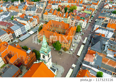 Aerial panoramic view of historical buildings and roofs in Polish medieval town Torun 117323116