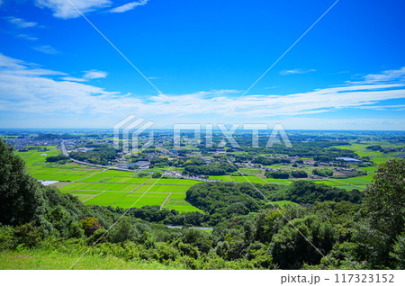 栃木の夏：三毳山から望む広大な田園風 117323152