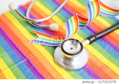LGBT symbol, Stethoscope on rainbow flag, rights and gender equality, LGBT Pride Month in June. 117323170