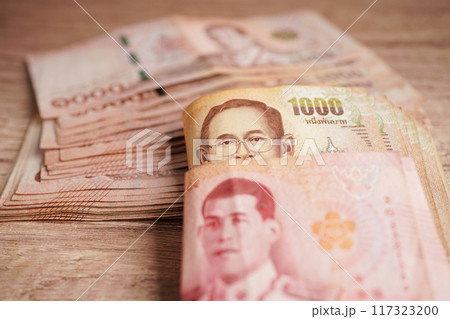 Thai baht banknote money, investment economy, accounting business and banking. 117323200