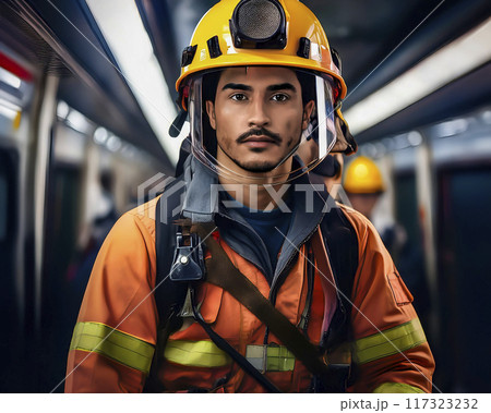 ヘルメットをかぶったレスキュー隊男性のイメージ素材　地下鉄 117323232
