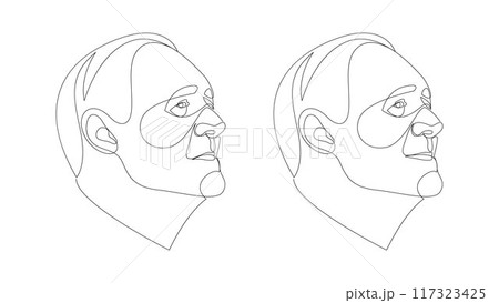 Continuous line drawing of senior man portraits - serious and smiling. One line vector of an old person's face. Line art of an adult man's face. Continuous line drawing of senior man portraits - serious and smiling. One line vector of an old person's face. Line art of an adult man's face. 117323425