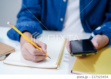 Teenage using smart phone for communication, search data internet website to learn. 117323454