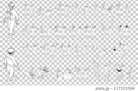 アイソメトリック人物イラスト：作業員セットアウトライン(モノクロ) 117323504