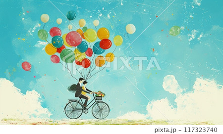 Couple on a bicycle lifted by colorful balloons, evoking whimsy and adventure in a watercolor scene. Couple on a bicycle lifted by colorful balloons, evoking whimsy and adventure in a watercolor scene. 117323740