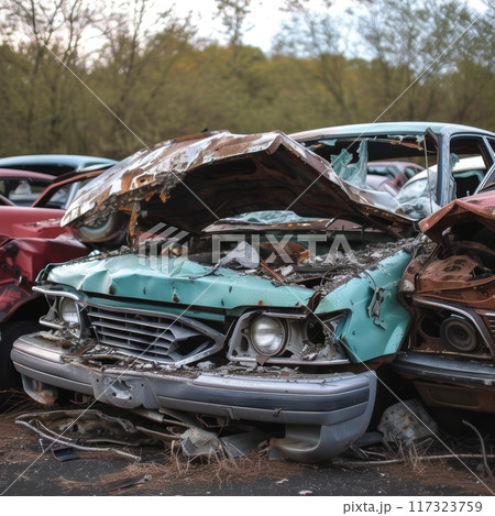Old and rusted cars abandoned in the woods, slowly being reclaimed by nature. Old and rusted cars abandoned in the woods, slowly being reclaimed by nature. 117323759