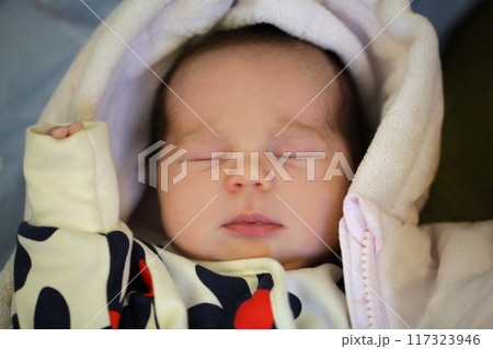 Close-up portrait of a beautiful sleeping baby. Newborn baby portrait Close-up portrait of a beautiful sleeping baby. Newborn baby portrait 117323946