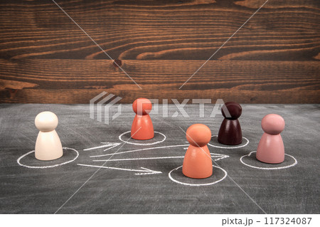 Job assignment and management. Wooden human figures on a chalkboard background Job assignment and management. Wooden human figures on a chalkboard background 117324087