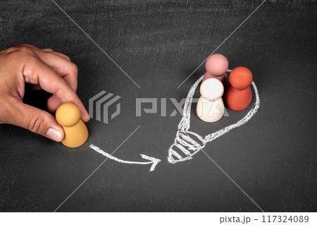 Creative ideas concept. Wooden human figures on a chalkboard background 117324089
