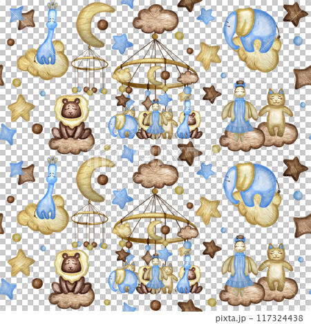 Seamless pattern with angel, lion, girafffe, cat, elephant clouds, moon and stars. Watercolor illustration. Creative childish texture for fabric, wrapping, textile, wallpaper, apparel. 117324438