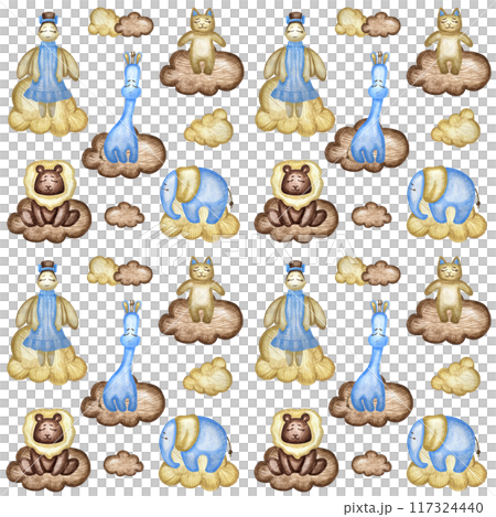 Seamless pattern with angel, lion, girafffe, cat, elephant clouds, moon and stars. Watercolor illustration. Creative childish texture for fabric, wrapping, textile, wallpaper, apparel. 117324440