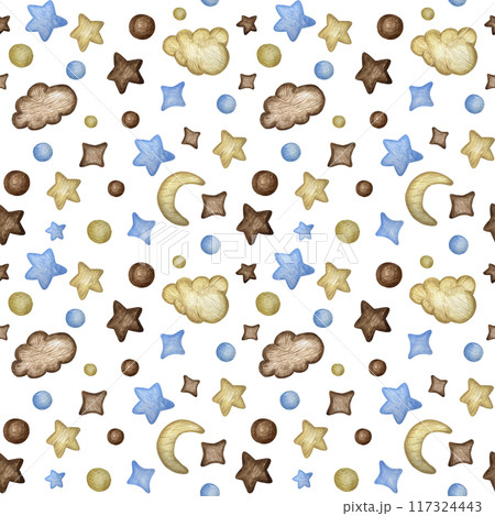 Seamless pattern with angel, lion, girafffe, cat, elephant clouds, moon and stars. Watercolor illustration. Creative childish texture for fabric, wrapping, textile, wallpaper, apparel. Seamless pattern with angel, lion, girafffe, cat, elephant clouds, moon and stars. Watercolor illustration. Creative childish texture for fabric, wrapping, textile, wallpaper, apparel. 117324443