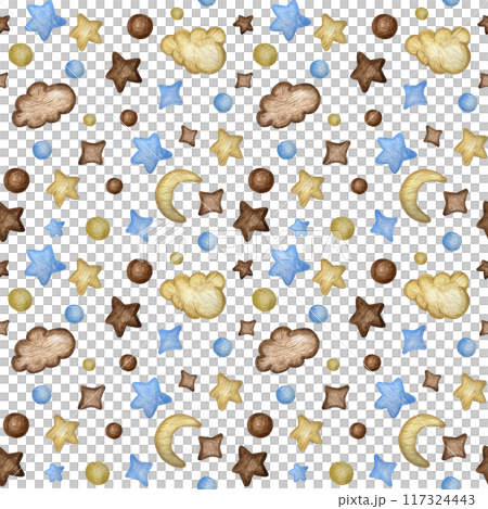 Seamless pattern with angel, lion, girafffe, cat, elephant clouds, moon and stars. Watercolor illustration. Creative childish texture for fabric, wrapping, textile, wallpaper, apparel. Seamless pattern with angel, lion, girafffe, cat, elephant clouds, moon and stars. Watercolor illustration. Creative childish texture for fabric, wrapping, textile, wallpaper, apparel. 117324443