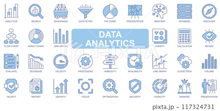 Data analytics icons set in duotone outline stroke design for web. Pack pictograms of search, mining, filter, pie chart, presentation, mind map, database, discover, flow, other. Vector illustration. 117324731