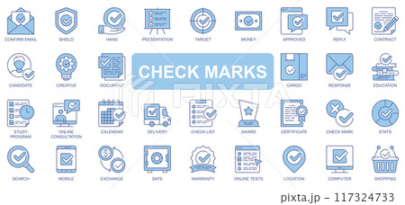 Checkmarks icons set in duotone outline stroke design for web. Pack pictograms of confirm email, shield, hand, presentation, target, money, approved, reply, contract, list, other. Vector illustration. 117324733