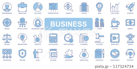 Business icons set in duotone outline stroke design for web. Pack pictograms of businessman, briefcase, pie chart, presentation, search, office, idea, startup, target, other. Vector illustration. 117324734