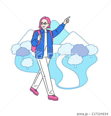 大自然の中を指差しながら歩く女性のイラスト　運動家 117324834