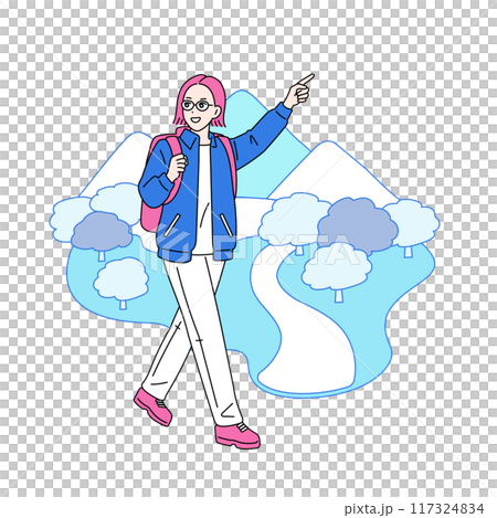 大自然の中を指差しながら歩く女性のイラスト　運動家 117324834
