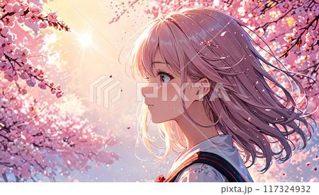 桜舞い散る中の女子高生 117324932