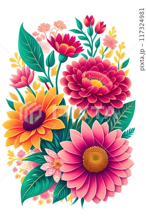 The flowers are arranged in a lush cluster, presenting a spectrum of colors from pink to orange, yellow, and purple 117324981