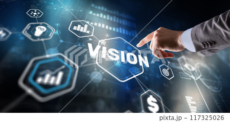 Vision. Business people and modern city on background. Virtual screen 117325026