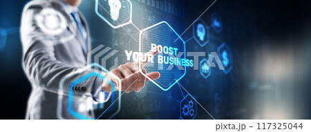 Boost Your Business 2024. Businessman touching finger virtual screen Boost Your Business 2024. Businessman touching finger virtual screen 117325044