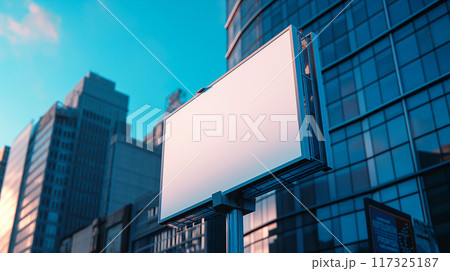 Blank white billboard mock up in bustling urban area during bright daylight hours. Generative AI 117325187