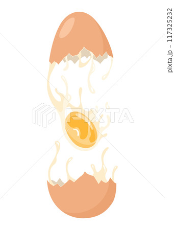 Cracked egg with yolk. Baking or cooking ingredient. Eggshell and protein. Healthy organic food. Diet with raw and broken product. Vector cartoon food Cracked egg with yolk. Baking or cooking ingredient. Eggshell and protein. Healthy organic food. Diet with raw and broken product. Vector cartoon food 117325232