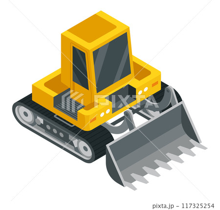 Construction machinery isometric icon, bulldozer. Symbol representing heavy mining or road industry. Career and construction transport. Vector illustration Construction machinery isometric icon, bulldozer. Symbol representing heavy mining or road industry. Career and construction transport. Vector illustration 117325254