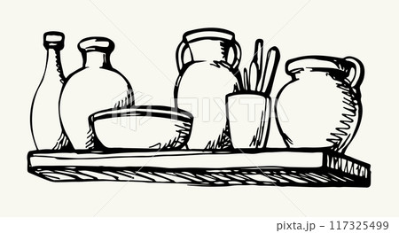 Vector drawing. Potters on the shelf 117325499