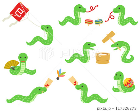 正月の遊びと餅つきをするヘビのイラストセット 117326275