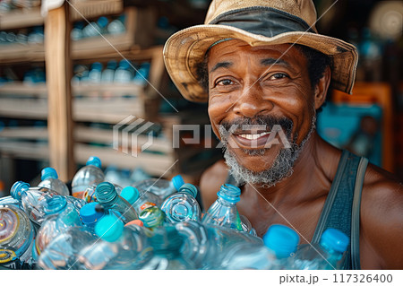 Man wearing hat is smiling and holding a pile of used plastic bottles 117326400
